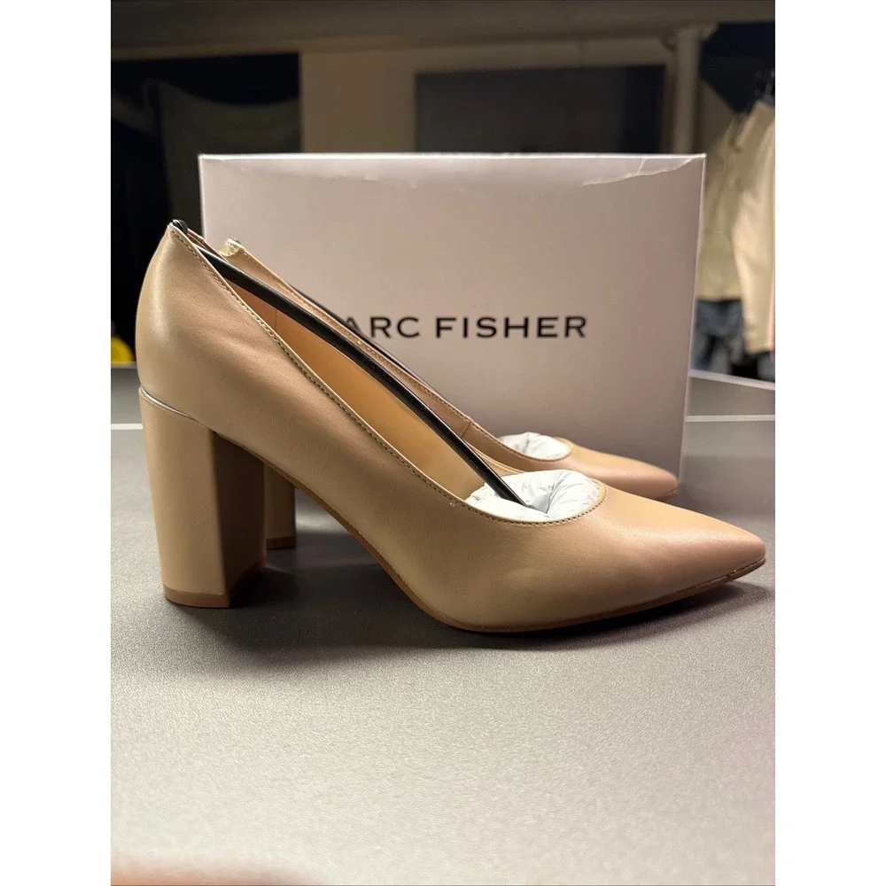 Marc Fisher Viviene4 Block Heel Pumps Light Natural Leather Beige 7.5 M NEW